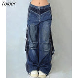 Y2K High Street Patchwork Women Baggy Pants Denim Pockets Up Blue Low Waist Wide Leg Jeans Vintage Casual Cargo