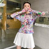 Sweet Cartoon Print Mesh Top Y2k Aesthetic Long Sleeve T Shirts Women Anime E Girl Kawaii Clothes 90s Sexy
