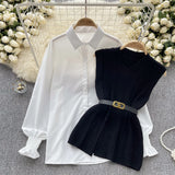 Style Suit Women's Casual Long-Sleeved Shirt + Waist V-Neckless Knitted Vest Two-Piece