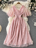 Women French Lace Dress Short Sleeve V Neck Elastic Ruched A-line Dresses 2022 Summer Elegant Streetwear Midi