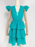 Summer Ruched Dress For Women V Neck Flying Sleeve High Waist Cut Out Solid Mini Dresses Female Clothes Fashion