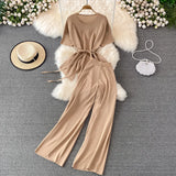Suit Goddess Fan Irregularly Round Neck Knitted Top Two Sets Of High-Rise Thin Broad Leg