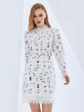Print Lace Panel Slim Dress For Women Round Neck Long Sleeve High Waist Colorblock Dresses Female Fashion New