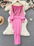 Women Korean Knitted Dress Long Sleeve Slash Neck Elastic Slim Pencil Dresses 2022 Autumn Sexy Bodycon Split Sweater
