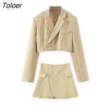 ZBZA One Button Short Women Blazer Cropped High Waist Irregular Cross Slit Mini Skirt Long Sleeve Suits 2 Pieces