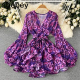 Elegant Party Dress Women Korean Design Ruffles Long Sleeve A-line Dress Spring Mesh Embroidery Flower Short