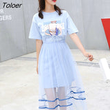 Short Sleeve Dress Women A-line Printed Mesh Colorful Sweet Elegant Girls Korean Style Vestidos Streetwear All-match