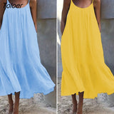 Dress Low Round Neck Loose Casual Women Sling Solid Color Dress for Beach Sexy Sleeveless Solid Vestidos Party Robe