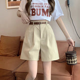 Casual Solid Color Cargo Pants A-Word Wide Leg Pants Five Split Pants With A Belt-Outfit