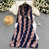Autumn French Hollow Dress Elegant Long Sleeve O Neck Belt A-line Dresses Fashion Streetwear Women Dress 2021