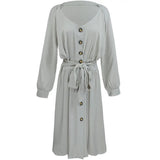 Summer Dress Women Long Sleeve V-Neck Dresses Casual Sundress Loose Sashes Elegant Office Ladies Dresses Robe