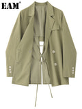 Women Green Back Bandaeg Big Size Thin Blazer New Lapel Long Sleeve Loose Fit Jacket Fashion Spring Autumn 2023