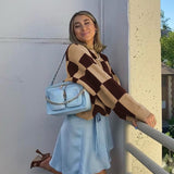 Jumper Women Autumn 2021 Streetwear Loose Plaid Print Knitted Sweater Casual Long Sleeve O-neck Patchwork