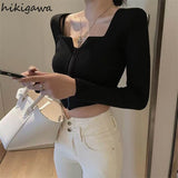 Blusas Mujer De Moda Crop Tops Korean Y2k Clothing Square Collar Long Sleeve Zipper T-shirts Women Sexy Fashion