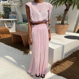 Summer O-Neck Crop Top Set Woman 2 Pieces Elegant Loose High Waist Skirt Set Female Casual Pleated Pink Suits With