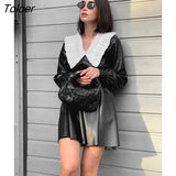 Patchwork Women Leather Dress With Peter Pan Collar High Waist Autumn Winter Dress Elegant Ladies Black Dress