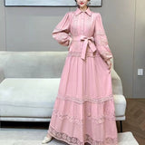 Retro Elegant Lace Splicing Strap To The Waist Lantern Sleeve Dress Female Thin Temperament Court Style