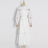 Spring Dress For Women Stand Collar Long Sleeve High Waist Cut Out Solid Midi Dresses Female Fashion Clothing
