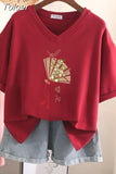 100% Cotton L-5XL Plus Size T Shirt Print Short Sleeve Women's Top Japanese Summer Sweet Couple V Neck Oversize T