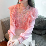 Fashion Elegant Women's Lace Shirt Vintage Crochet Ruffles Woman Blouses Sweet Chiffon Long Sleeve Ladies Tops