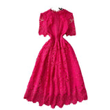 Elegant Heavy Industry Hollow Hook Water-Soluble Lace Dress Women's French Waist Thin Short Sleeve