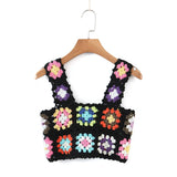 Women Multicolor Crochet Tank Top Sexy Square Neck Sleeveless Holiday Summer Crop