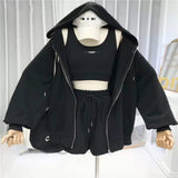 Shorts Three 3 Piece Sets Women Vest Drawstring Shorts Hooded Zipper Jacket Sportswear Suits Female Solid Sports