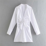 White V Neck Long Sleeve High Waist Sashes Dress Spring Fashion Bow Tie Mini Dresses Vintage Ladies Blazer Robe Za