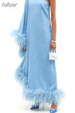 patchwork feathers dress for women Diagonal collar off one shoulder high waist loose Asymmetrical midi dress