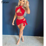 Solid Solid Halter Backless Crop Top Shirt Lace Up Hollow Out Skinny Corset Top Irregular Mini Skirt nTwo Piece Set
