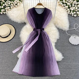 Spring Autumn Women Gradient Red/Green/Purple Pleated Midi Dress Female Vintage O-Neck High Waist Draped Loose Vestidos New