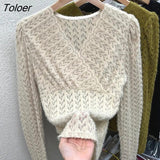 Women Sexy Cross V Neck Knit Long Sleeve Tops Lantern Sweaters Knitwear Korean Fashion Pullovers Autumn Vintage Knitted