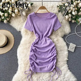 Drawstring Ruched Dress Women O Neck Short Sleeve Slim Dresses Summer Sexy Bodycon Party Short