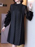 Appliques Dress For Female Half High Collar Puff Sleeve Straight Loose Waist Fold Pleated Dresses Women 2023 Spring