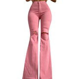 Solid Tight Summer Clothing New Women Denim Flared Pants High-waisted Button Holes Ripped Bodycon Bell-Bottoms