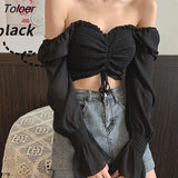 Women Square Collar Ulzzang Solid Butterfly-sleeve Sexy Lace-up Design Femme Chiffon Cropped Spring Cozy Newest