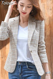 Women Elegant Plaid Blazer Long Sleeve Single Button Slim Checked Coat Formal Office Work Jacket Outerwear Pink