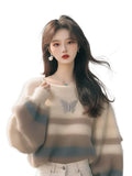 Toloer Fashion Style Sweater Korean Soft-Creative Languid Lazy Super-Good-Looking White Striped Print