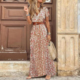 Long Maxi Dresses Women V Neck Fashion Paisley Print Sundress Belt Hem Casual Elegant Robe Femme Vintage Beach