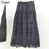 Boho Elegant White Long Skirt Women Hook Flower Hollow Folds Hem High-waisted Skirts Casual Holiday Female Clothes