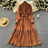 High-End Retro Lace Splicing Pearl Single Buckle Thin Temperament Collar Lantern Sleeve