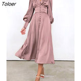 White Single Breasted Elegant Dress For Women Party Robe High Waist Satin Long Dress Chic Midi Dresses Lantern Sleeve