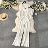 Feel Set 2025 Spring Women's Metal Buckle Vest Knitted Open-Shirt Broad Leg Pants Fashion Three-Piece