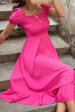 Midi Dress Women 2023 Summer Square Collar Puff Sleeve Split Dress Woman Elegant Slit Dress Boho Beach Wear