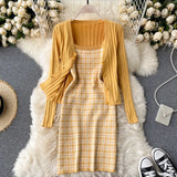 Autumn Plaid Knitted Two Pieces Suits Women Long Sleeve Knit Cardigan+Slim Short Camis Dress Sweater Dress Sets
