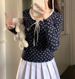 Ruffled Lace Trim Front Tie Long Sleeve Tee-Outfit