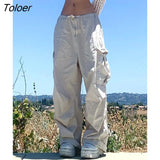 Wide Leg Baggy Sewn Pocket Streetwear Women Low Rise Pants White Hip Hop Trousers Techwear