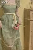 Retro Summer Dress Women's Puff Sleeve V-neck High Waist Sweet Ruffle Long Dress Green Korean Fashion
