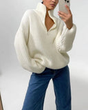 WOTWOY Autumn Winter Thickening Knitted Sweater Women Casual Zipper Polo Collar Loose Knitted Pullovers Female White Jumper