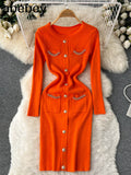 Fashion Women Sweater Dress V Neck Chain Long Sleeve Bodycon Dress Female Elastic Waist Solid Warm Knitted